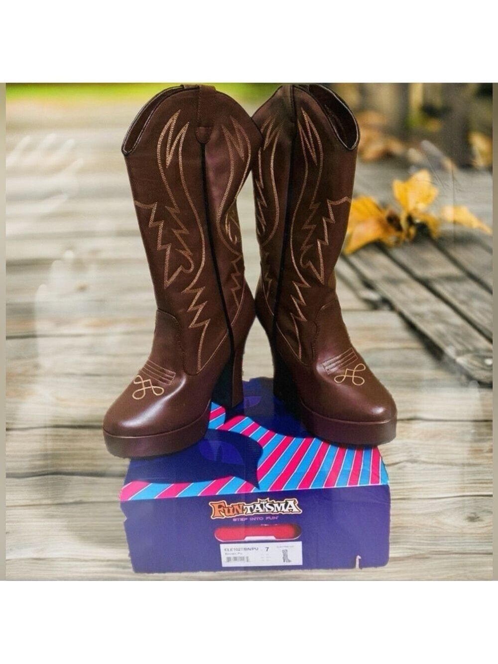 FunTasma Electra-1027 Brown Platform Cowboy Boots Sz 7 Halloween Costume Cosplay